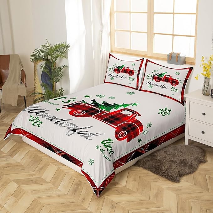 Manfei Xmas Truck Duvet Cover Set Twin Size, Christmas Tree Snowflake Print Bedding Set 2pcs for Kids Boys Girls Bedroom Decor, Red Plaid Print Comforter Cover with 1 Pillowcase,No Comforter