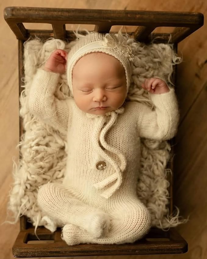 Newborn Bed Prop – Mini Wooden Bed for Baby Photography, Rustic Wood Photo Prop for Newborn Photoshoots & Posing Sessions Detachable Doll Bed