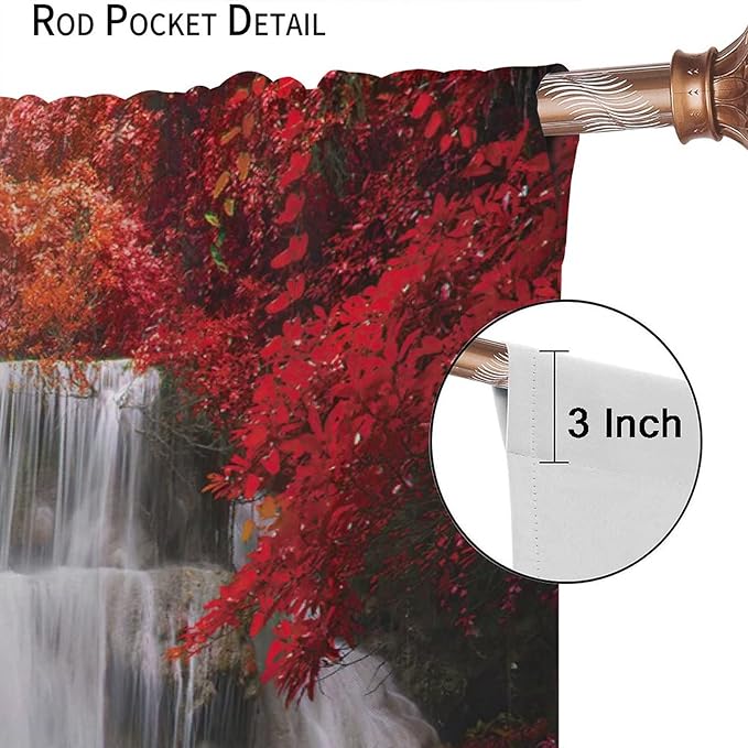 Red Forest Waterfall Blackout Windows Curtains, Tree Landscape Woodland Scenic Nature Fall Scenery Art Printed Curtains, for Living Room Bedroom 63x63in 2 Panels