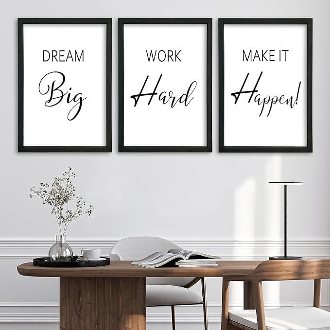 YWJKWLGS Motivational Wall Decor for Office & Home 11x16 Inch Set of 3 Inspirational quotes Wall Art Wood Frame Hanging Dream Big Work Hard Make It Happen positive affirmations Sign (Black)