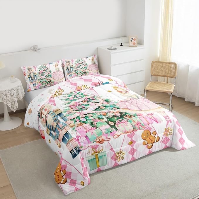 jejeloiu Christmas Nutcracker Comforter Set Full Size Gingerbread Man Bedding Set for Kids Boys Girls Xmas Tree Duvet Quilt White Pink Bedroom Decor