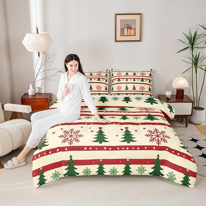 Feelyou Christmas Bedding Set Soft for Boys Girls, Xmas Tree Comforter Set Twin Size Snowflake Star Duvet Quilt Microfiber New Year Theme Bedroom Decor 2 Pcs with 1 Pillow Cases