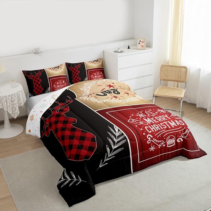 Deer Antler Kids Christmas Comforter Set King Size,Elk Plam Leaves Bedding,Girls Boys Adults Bedroom/Xmas Cabin Decor,Plank Lattice Vintage Down Comforter,Rustic Farmhouse Duvet Insert,2 Pillowcases