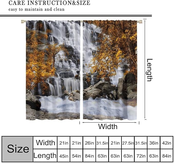 Autumn Tree Leaf Blackout Curtains, Landscape Nature Forest Lake Waterfall Rod Pocket Window Drapes, for Bedroom Living Room 42" W X 63" L