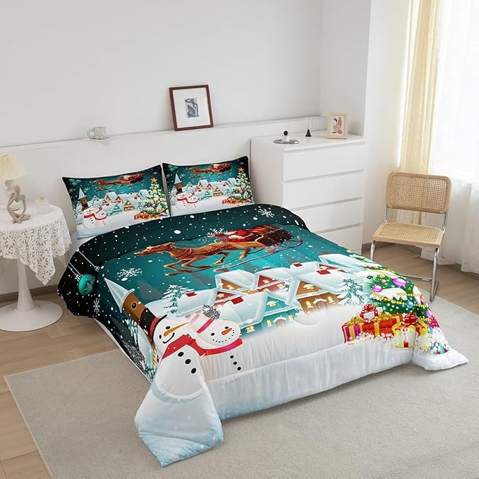 Manfei Christmas Comforter Set Full Size, Xmas Tree Snowman Bedding Set 3pcs for Kids Boys Girls Room Decor, Santa Claus with Reindeer Quilt Set New Year Theme Duvet Set with 2 Pillowcases
