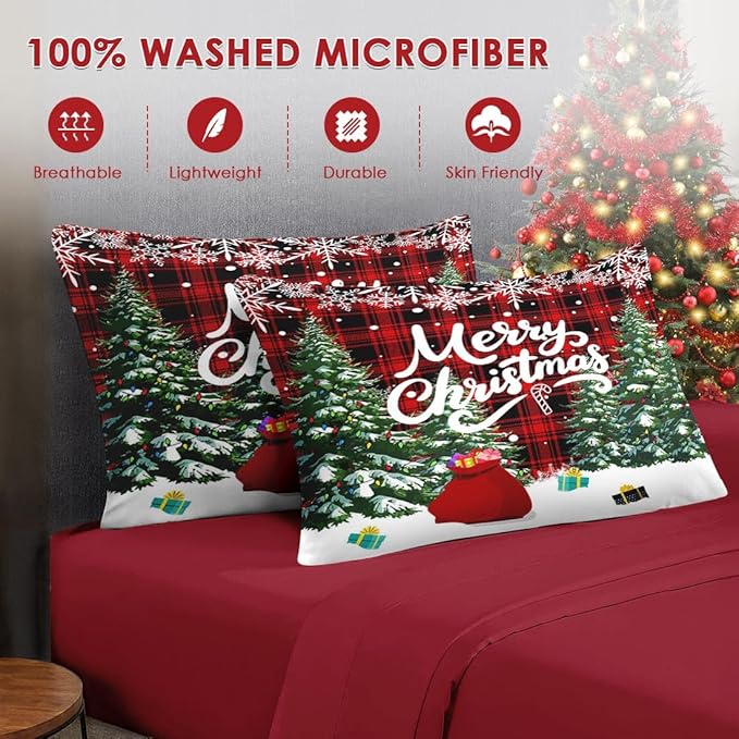7 Pcs Full Size Christmas Comforter Set with 2 Pillowcases & 2 Shams, Green Cartoon Trees Bedding for Kids and Adults, Black Red Plaid Bed in a Bag with Flat Fitted Sheet