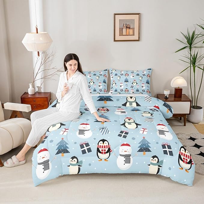 Feelyou Merry Christmas Bedding Set Soft for Boys Girls, Penguin Comforter Set Twin Size Xmas Tree Snowman Duvet Quilt Microfiber Gift Snowflake Bedroom Decor 2 Pcs with 1 Pillow Cases