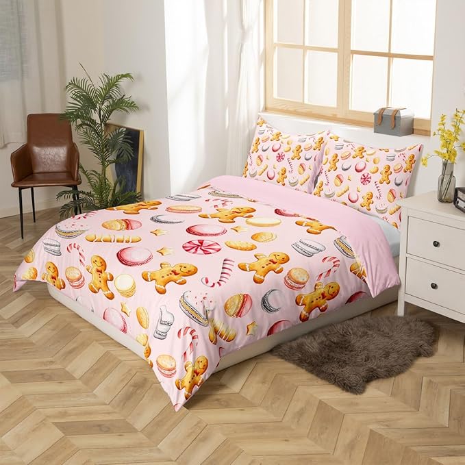Feelyou Christmas Duvet Cover Twin Size Cute Christmas Gingerbread Man Comforter Cover for Boys Girls Xmas Sweet Macarons Bedding Set 2Pcs Reversible Pink Room Decor