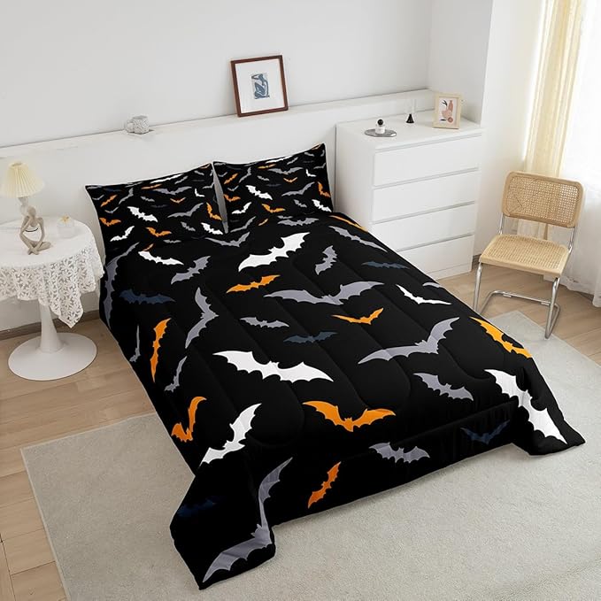 Erosebridal Gothic Halloween Decor Comforter Set - Toddler Size for Kids Boys & Girls - Animal Silhouette Bedding Set with 1 Pillow Case, Orange and Grey Bat Duvet Insert