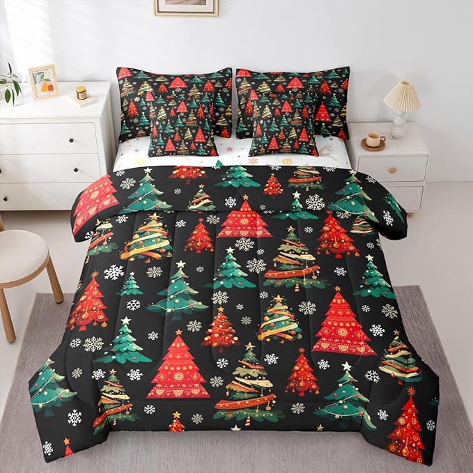 Erosebridal Black Christmas Bedding Set King Red Green Christmas Tree Comforter Set 7 Piece Xmas Forest Pine Trees Bed in A Bag for Adults Winter Xmas Snowflake Quilt with Flat Fitted Sheet