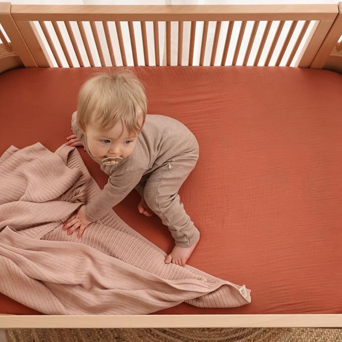 Crib Sheets – Organic Cotton Muslin Fitted Crib Sheet – Standard Size for Baby Boy and Baby Girl 28" x 52" Ultra-Soft and Breathable. (Cedar)
