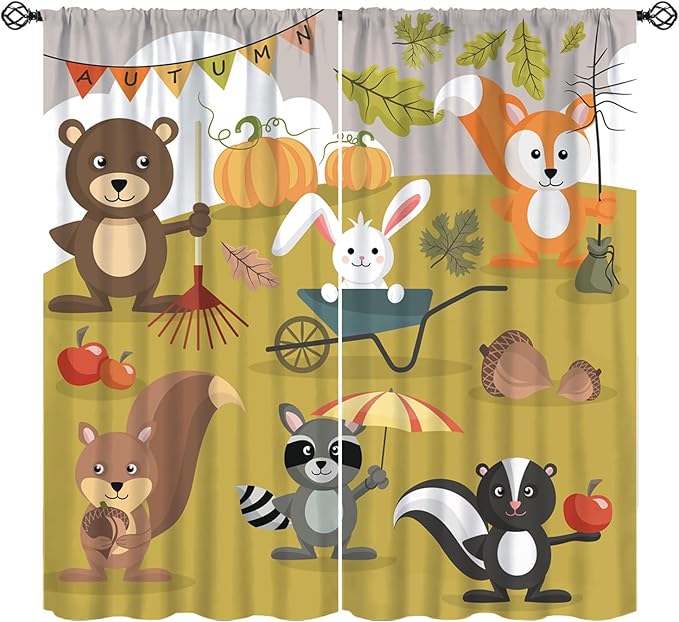 Cartoon Curtains, Jungle Animals Autumn Fun Pattern Blackout Window Treatments, Rod Pocket Thermal Insulated Drapes 2 Panel Sets for Children Boys Bedroom Nursery Classroom, 42" W X 63" L