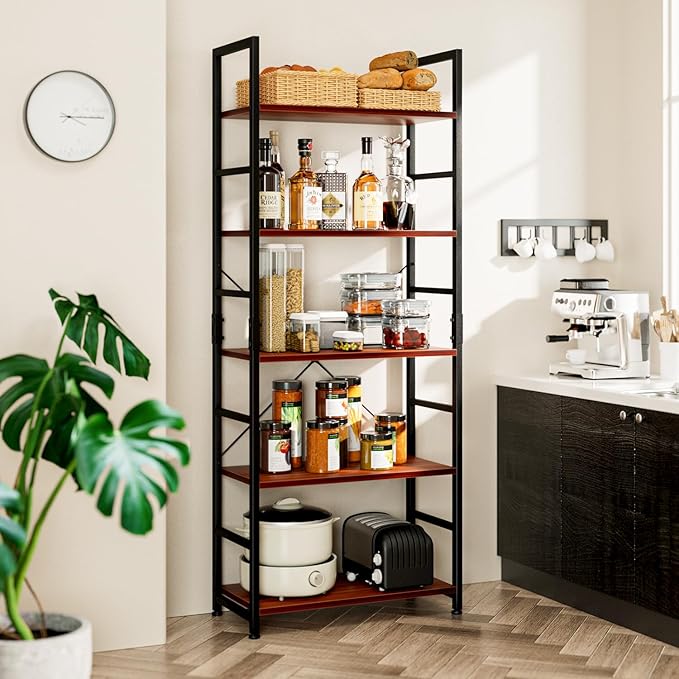 NUMENN 5 Tier Bookshelf, Tall Bookcase Shelf Storage Organizer, Modern Book Shelf for Bedroom, Living Room and Home Office, Teak