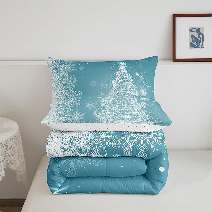 Castle Fairy Merry Christmas Comforter Set Twin Size,Glitter Xmas Trees Shiny Light Decor Bedding Set for Kids Boys Men,Blue Shiny Stars Snowflake Quilted Duvet Set with 1 Pillowcase