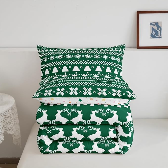 Feelyou Christmas Bedding Set for Kids Boys Girls Full Size Xmas Deer Elk Decor Comforter Set Ultra Soft Xmas Snowflake Comforter Winter Duvet Quilt Bedroom Decor Christmas Decor Quilt