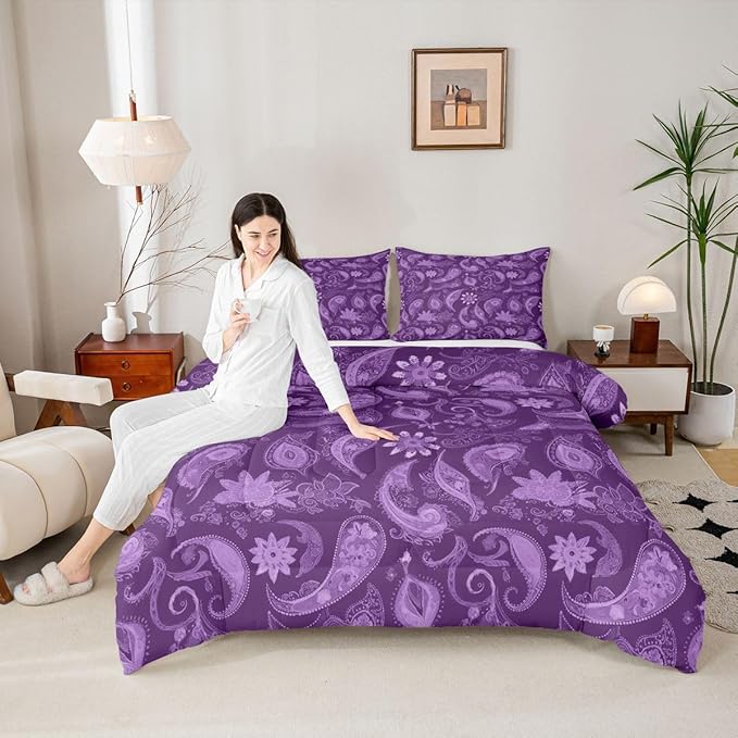 Feelyou Vintage Purple Floral Bedding Set Queen Size, Paisley Floral Comforter Set Boho Floral Comforter for Kids Toddler Paisley Duvet Set Microfiber Bed Set