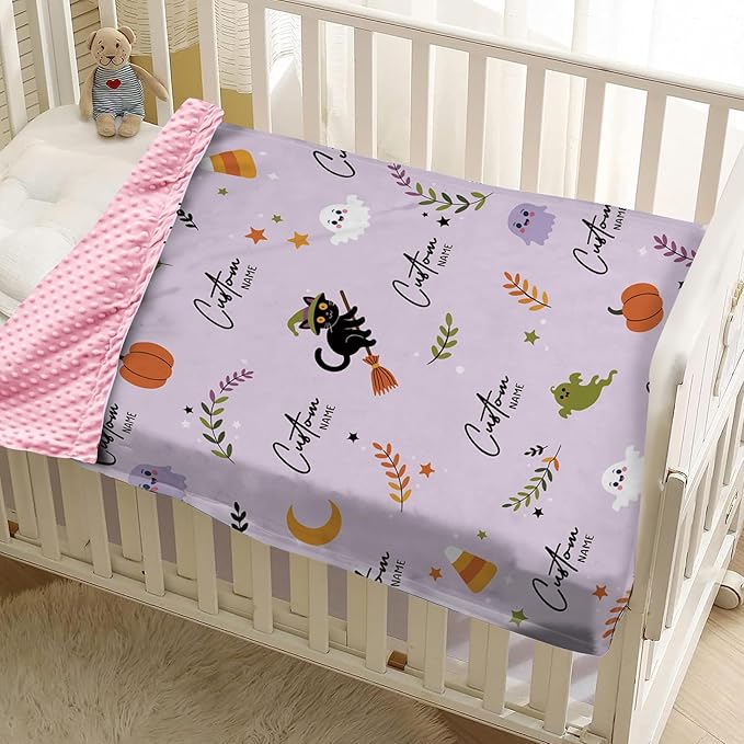 Personalized Halloween Blanket for Girls, Custom Baby Blanket with Name, Cat Pattern Soft Minky Dot Blanket, Halloween Decor Christmas Birthday Gifts for Kids Toddlers