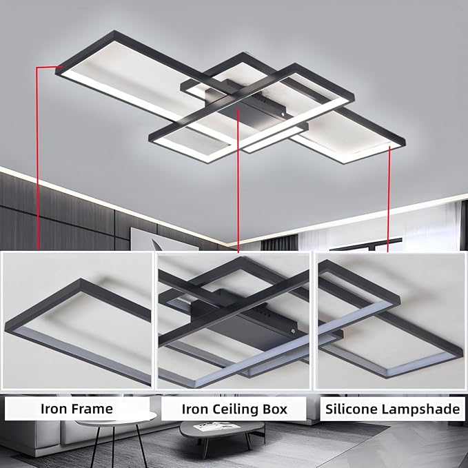 Modern Dimmable LED Ceiling Light Fixture,With remote control 3 Color Selectable Flush Mount Ceiling Lamp Ceiling Lights for sitting room Kitchen Bedroom Hallway Porch(Black, 43.3*23.6*2.5 IN)