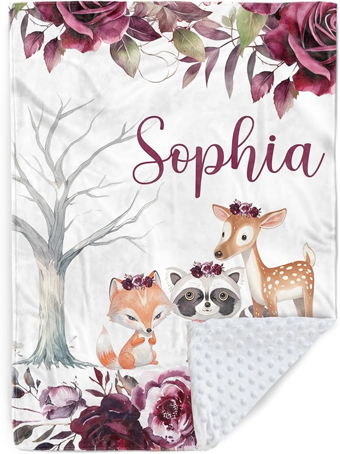 Custom Baby Blanket with Name, Double Layer Soft Dot Back Personalized Baby Blanket for Boys Girls, Woodland Blanket for Newborn Toddler, Customized Swaddle for Kids Birthday Gifts(60" x80)