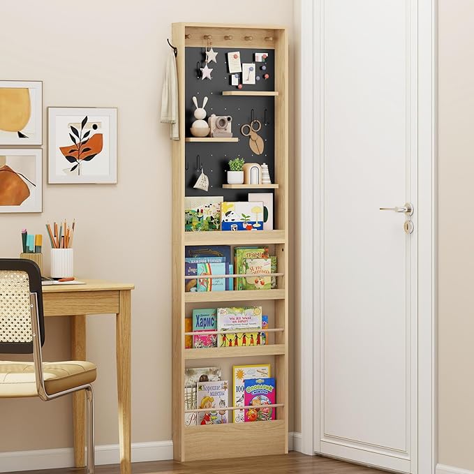 ELECWISH Kids Bookshelf, Behind The Dooor Wall Mounted 70" Tall Bookcase with Open Display Shelves, Space-Saving Narrow Book Shelf for Children's Study Living Room, Nursery, Set of 2