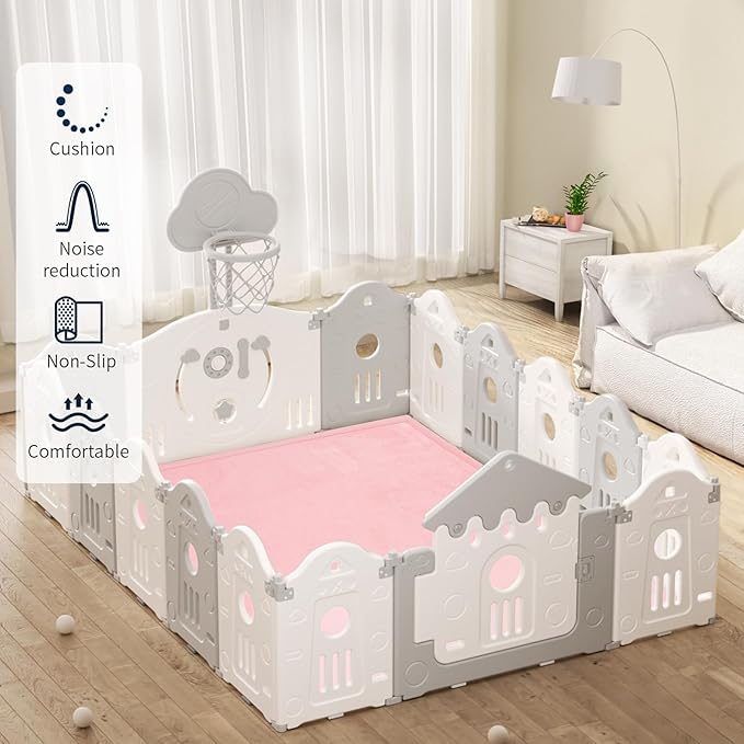 ACOMOPACK Baby Play Mat for Floor 1.3" Thick Memory Foam Play Mat 79"×157" Tummy Time Crawling with Non-Slip Bottom for Living Room,Nursery,Soft Velvet Playpen Mats for Kids,Infants（Pink）