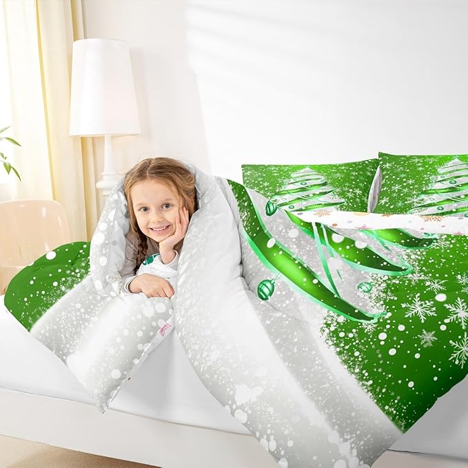 Feelyou Merry Christmas Comforter Set All Season Christmas Tree Bedding Set with 2 Pillow Cases Snowflake Microfiber Kids Full Bedclothes Winter Bedroom Decor Duvet Quilt Breathable Soft