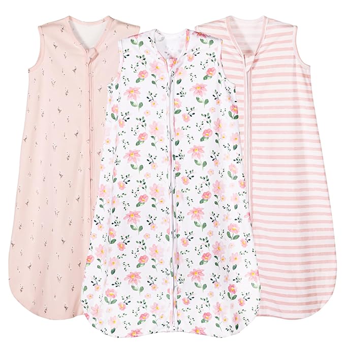 PHF Soft Baby Sleep Sack 12-18 Months 100% Organic Cotton Wearable Blanket, 2-Way Zipper 0.5 TOG Toddler Sleeping Sack 3 Pack, Comfy Sleep Bag for Baby Girls, Pink Floral (Large)