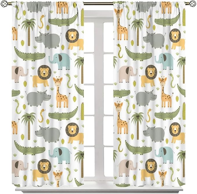 Nursery Safari Animals Window Curtains,Cartoon Woodland Jungle Forest Lion Elephant Giraffe Printed Pattern Blackout Drapes for Living Room Baby Boy Kids Bedroom 42x54 Inch
