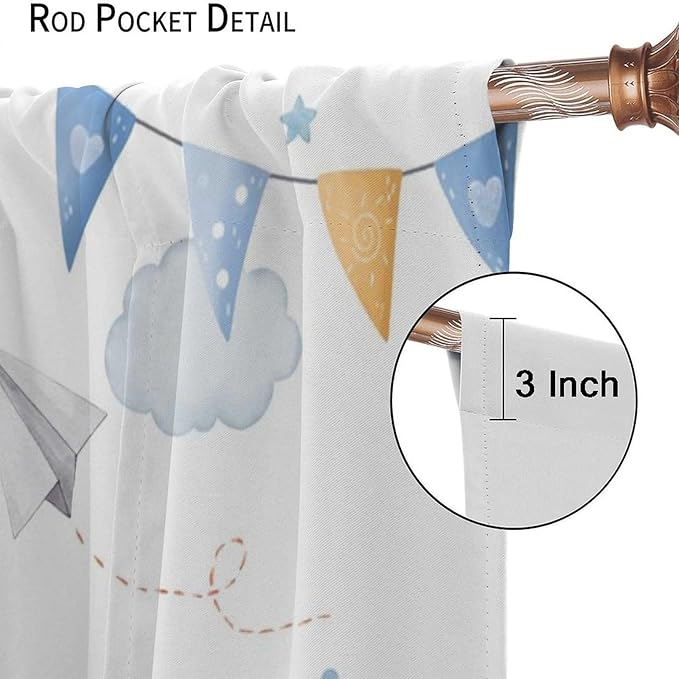 Blue Bear Curtains, Cute Lovely Bear Adventure Airplane Cloud Pastel Blackout Window Treatments, Rod Pocket Thermal Insulated Drapes 2 Panel Sets for Kids Bedroom Nursery Classroom, 42"W X 45"L