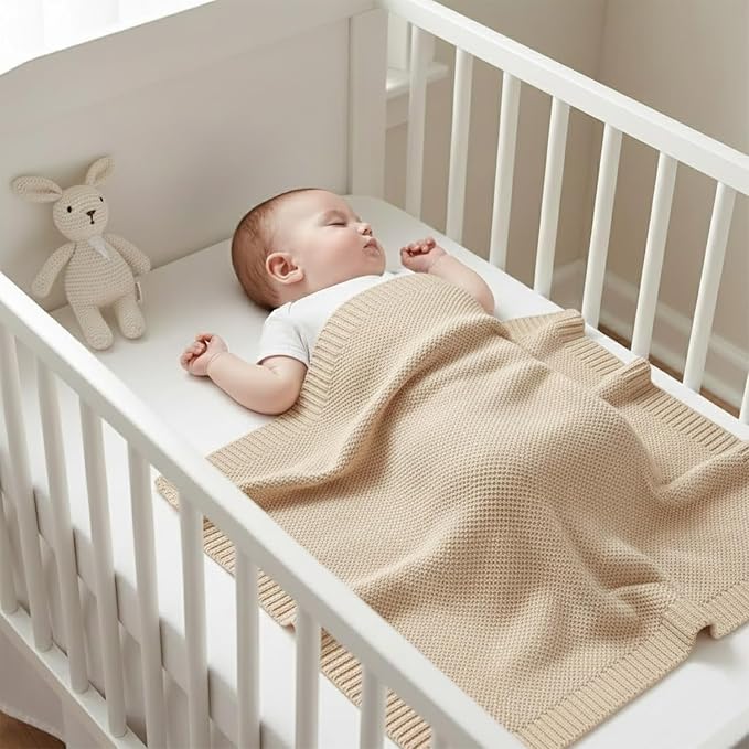 Baby Knit Blanket Soft Cotton Lightweight Newborn Blanket for Crib Stroller Toddler Nursery Shower Gift Cozy Breathable Travel Swaddle Wrap Beige 30 x 40 Inches