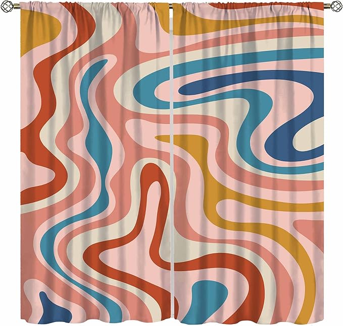 70S Abstract Wavy Swirl Curtain for Bedroom Windows,Retro Boho Minimal Teen Girls Kids Living Room Restroom Window Treatments Drapes 84" W X 84" L