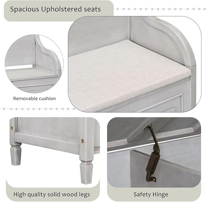 Merax Storage Bench, 41.9” Solid Wood Storage Chest with Backrest and Safety Hinge, Large Storage Space Bench with Upholstered Cushions,Supports 250 lb and Easy Assembly for Small Space, Gray