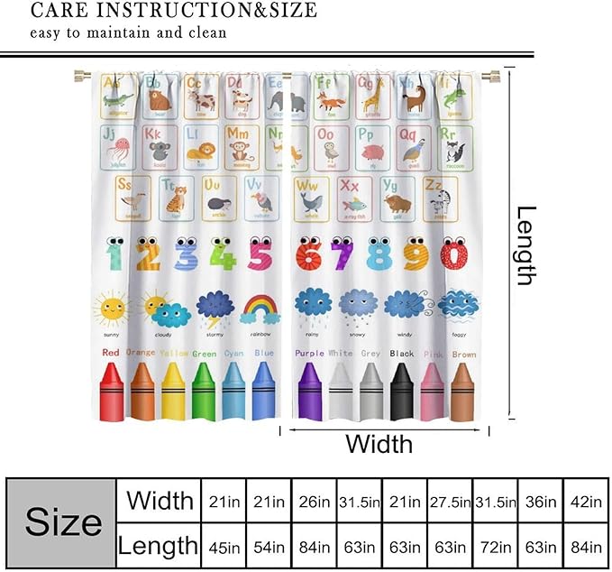 Kids Alphabet Curtains Cartoon Animal Funny Learning Colorful Educational Nursery Curtain with Rod Pocket for Bedroom Classroom Decor Drapes Window Treatments 2 Panels Set 84" W X 84" L