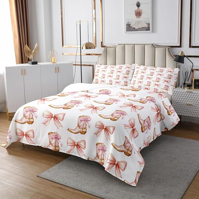 Western Cowgirl Bedspread Twin Size,Pink Bowknot Cowgirl Boots Rustic Farmhouse Coverlet Set,Girls Women Room Decor,Bow Tie Geometric Patchwork Quilted Coverlet,Golden Bedding Quilt,1 Pillowcase