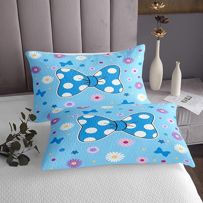 Manfei Blue Bowknot Kids Bedspread King Size,Daisy Flowers Geometric Dot Patchwork Coverlet Set,Girls Women Room Decor,Star Bow Tie Princess Quilted Coverlet,Cute Dreamy Bedding Quilt,2 Pillowcases