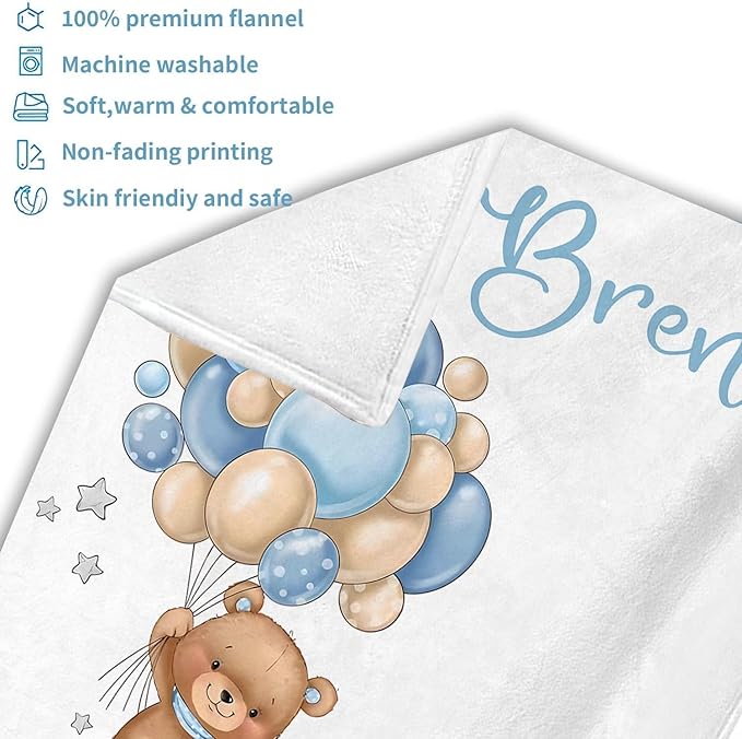 OLIVE OLIVIA Personalized Baby Milestone Blanket with Customized Name, 60"x80", White, Flannel, Throw Blanket, Modern Style, Bear Theme, Unisex, Machine Wash