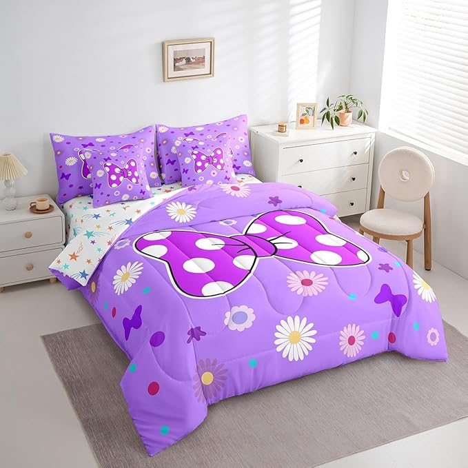 7 Pieces Purple Bowknot Kids Comforter Set King,Star Daisy Floral Geometric Dots Patch Bedding Set,Bow Tie Princess Cute Romantic（Comforter+Fitted+Flat Sheet+2 Pillowcases+2 Throw Pillow Covers）