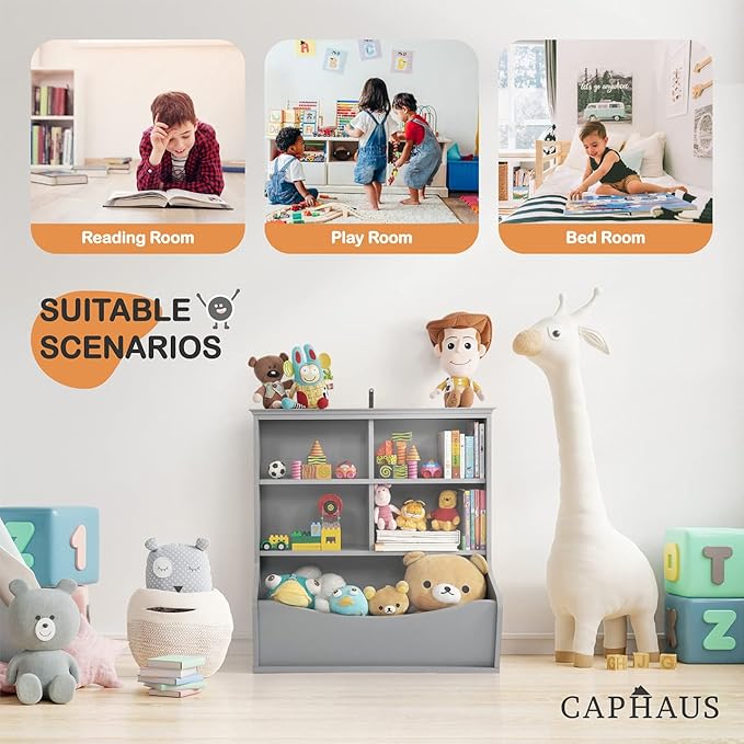 CAPHAUS Kids' Toy Storage Organizer, Open Storage Cubby, Multifunctional Book, Toy Storage Cabinet, Book, Shelf for Nursery, Playroom, Closet, Home Organization Toy Bookcase, E. White-33'' Height