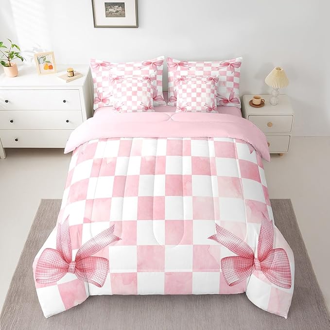 7 Pieces Pink Bowknot Kids Comforter Twin,Geometric Grid Checkered Patchwork Fashion Bedding Set,Bow Tie Knot Princess Chic Unique（Comforter+Fitted+Flat Sheet+2 Pillowcases+2 Throw Pillow Covers）