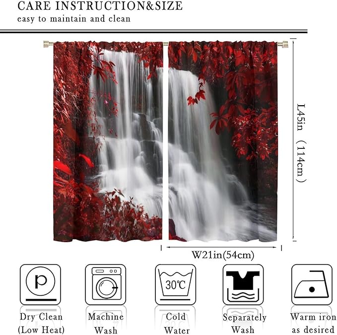 Red Forest Waterfall Blackout Windows Curtains, Waterfall Red Forest Black and Red Natural Landscape Print Window, for Living Room Bedroom 42x45in 2 Panels