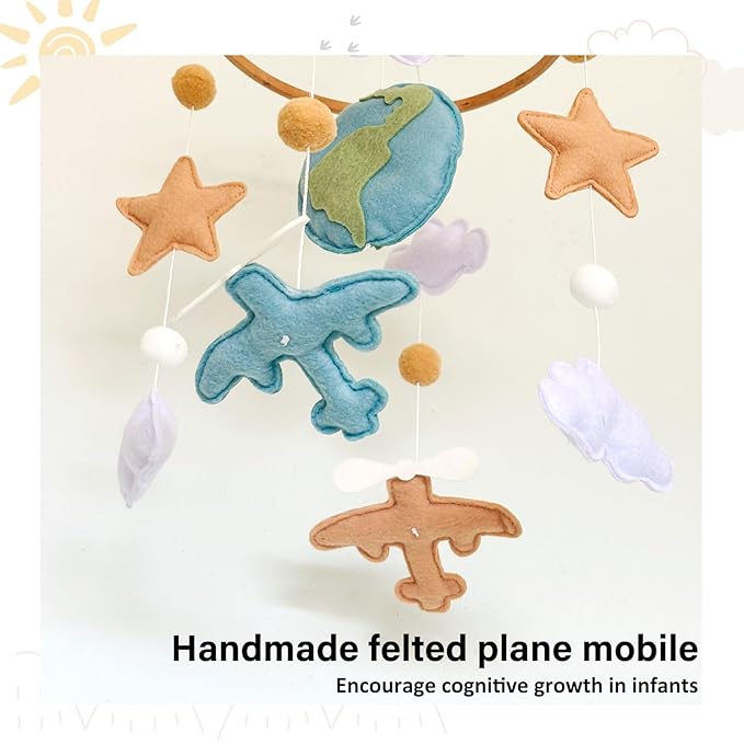 Airplane Baby Crib Mobile, Plane Mobile for Crib, Travel Nursery Decor for Boys, Neutral Vintage Baby Shower Gift, with Clouds, Stars & Globe