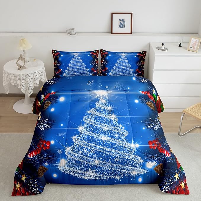 Feelyou Kids Merry Christmas Decorations Comforter Set, Kids Santa Tree Bedding Set Toddler Size for Boys Girls Teens Xmas Christmas Bell Decor Comforter Glitter Blue Quilt Set