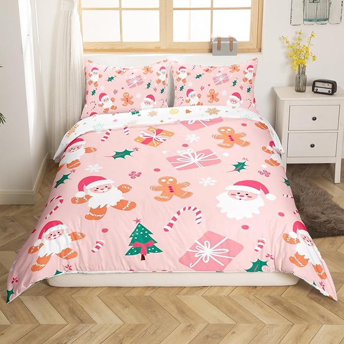 Feelyou Merry Christmas Bedding Set Cookies Candy Duvet Cover Set for Kids Boys Girls Pink Christmas Comforter Cover Quilt Cover Bedroom Collection 2Pcs Twin Size,No Comforter