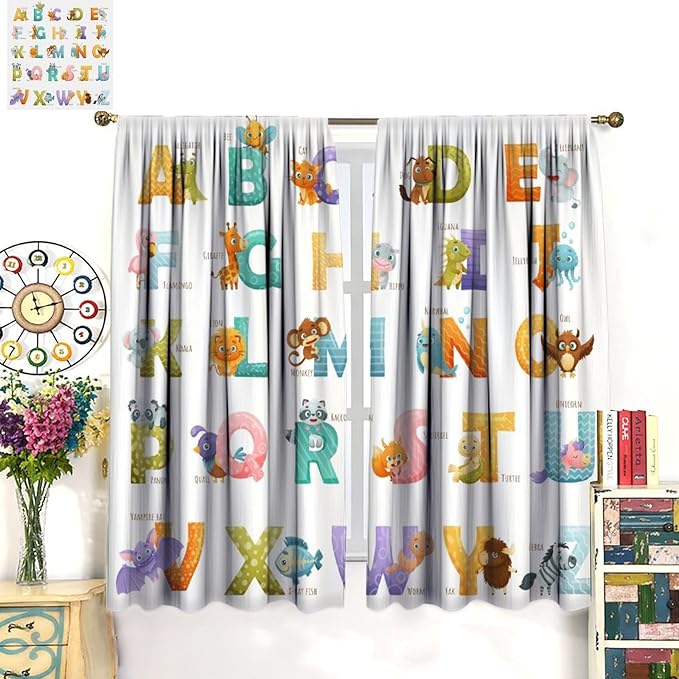 Kids Alphabet Curtains Educational Baby Cartoon Animals Colorful Cute Curtain with Rod Pocket for Nursery Living Room Home Decor Drapes Window Treatments 2 Panels Set 84x84in