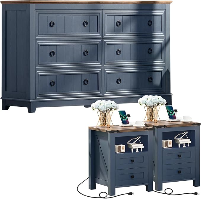 Farmhouse Living Room Sets, Night Stands Set of 2 and 6 Drawers Dresser for Bedroom, 54 Inch Wide Wood Dresser and 18.1" Night Stands with Charging Station for Bedroom, Living Room, Hallway