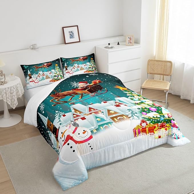 Manfei Christmas Comforter Set Queen Size, Xmas Tree Snowman Bedding Set 3pcs for Kids Boys Girls Room Decor, Santa Claus with Reindeer Quilt Set New Year Theme Duvet Set with 2 Pillowcases