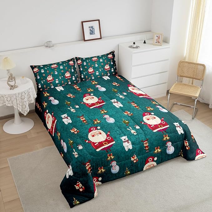 Christmas Comforter Set Cute Snowman Santa Claus Kids Decorations Bedding Set Boys Girls Bear Rabbit Comforter Christmas Bells Design Teal Blue Quilt with 2 Pillowcases 3Pcs Bedding Full