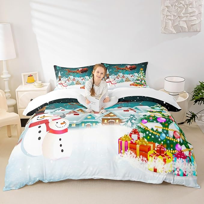 Manfei Christmas Duvet Cover Set Twin Size, Xmas Tree Snowman Bedding Set for Kids Boys Girls, Santa Claus with Reindeer Comforter Cover New Year Theme Quilt Cover with 1 Pillowcase, No Comforter