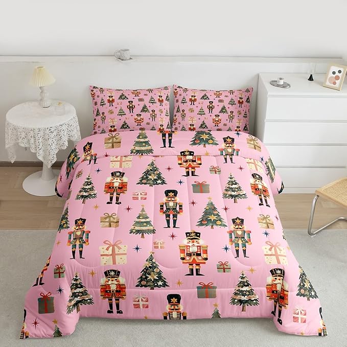 jejeloiu Xmas Nutcracker Comforter Set Toddler Size Christmas Pink Bedding Set for Kids Boys Girls Cute Snowflakes Duvet Quilt Bedroom Decor