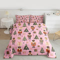 jejeloiu Xmas Nutcracker Comforter Set Twin Size Christmas Pink Bedding Set for Kids Boys Girls Cute Snowflakes Duvet Quilt Bedroom Decor